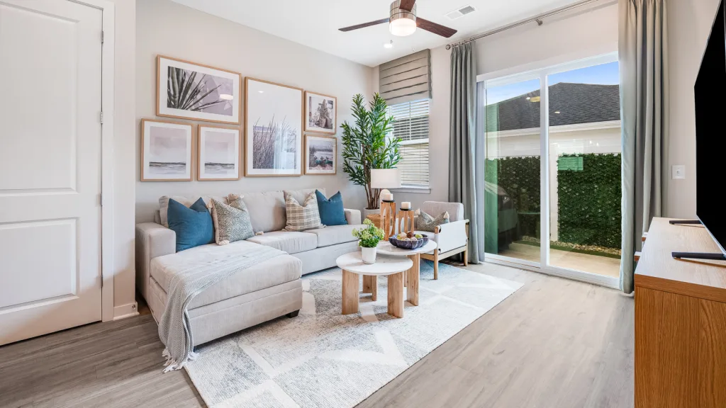 Yardly Aspire 1 Bed 1 Bath Apartment with Backyard Living Room New pet-friendly apartment homes for rent with private fenced backyards in Arizona, Texas, Florida, and North Carolina with pool, pickleball, dog park, gym, clubhouse and gated community. *No breed or weight restrictions. Yardly